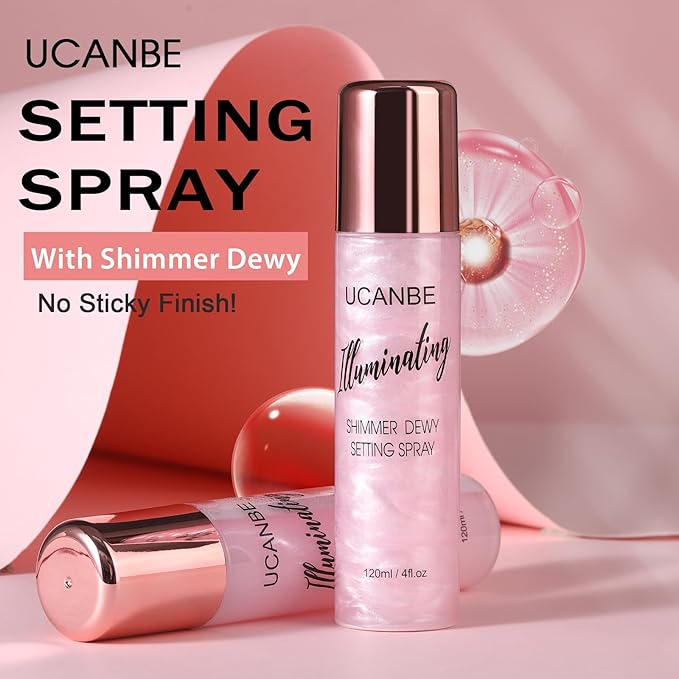 UCANBE Shimmer Dewy Setting Spray – Glowing + Makeup Setting Spray 2 in 1 Lightweight Formula for a Radiant Glow,Long-Lasting Face Mist for Face Body, 4 Fl Oz #Bubblegum-GlimoraGlow