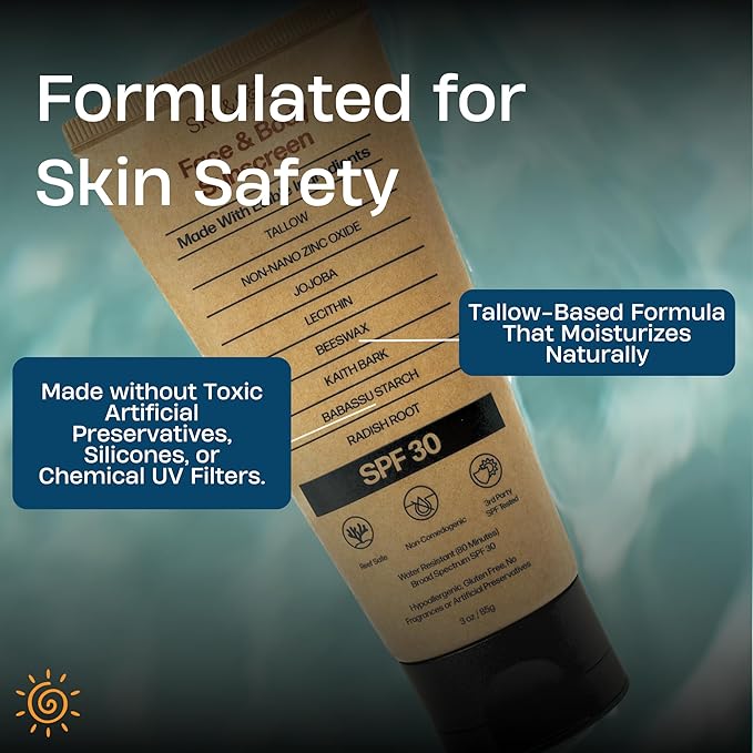 Natural Mineral Sunscreen SPF 30 3 oz: Natural Tallow & Zinc Oxide, Reef Safe, Water Resistant, Fragrance-Free, Non-Greasy Formula for Face and Body-GlimoraGlow
