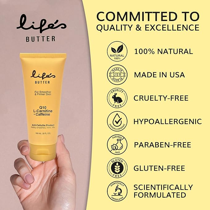 LIFE'S BUTTER Anti-Cellulite Cream - 100% Natural - Made in USA - Cruelty-Free - Hypoallergenic - Best Cellulite Reduction - Skin Firming + Tightening for Women L-Carnitine + CoQ10 + Caffeine – 6oz-GlimoraGlow