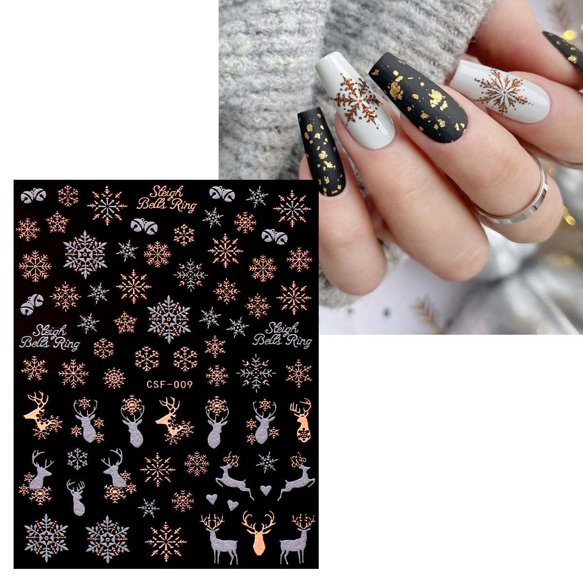 JMEOWIO 9 Sheets Christmas White Glitter Nail Art Stickers Decals Self-Adhesive Snowflake Winter Holiday Rose Gold Nail Supplies Nail Art Design Decoration Accessories-GlimoraGlow