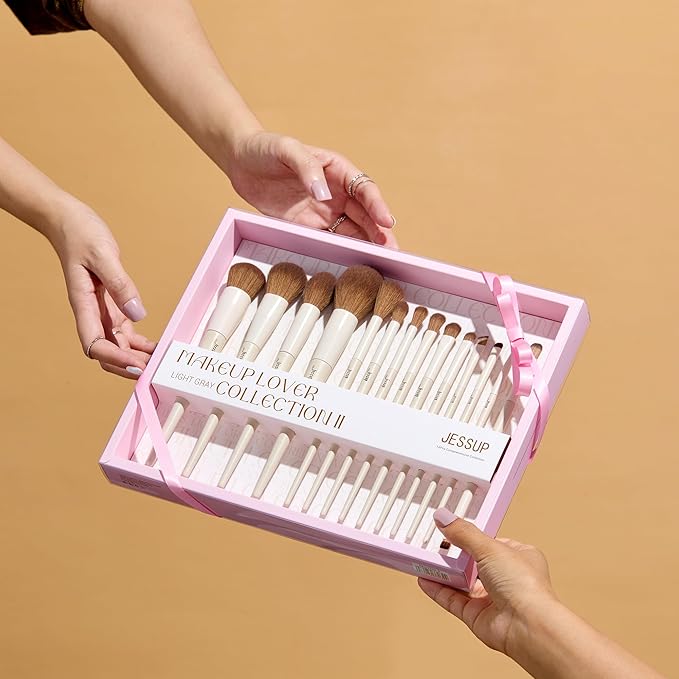 Jessup Makeup Brushes 14Pcs Makeup Brush Set Premium Synthetic Powder Foundation Contour Blush Concealer Eye Shadow Blending Liner Make Up Brush Kit Light Grey with Gift Box, T329-G-GlimoraGlow