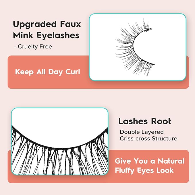 Natural Wispy Cat Eye Lashes - 3D Volume C Curl Eyelashes With Thin Band - 10mm Short Lashes - 7 Pairs-GlimoraGlow