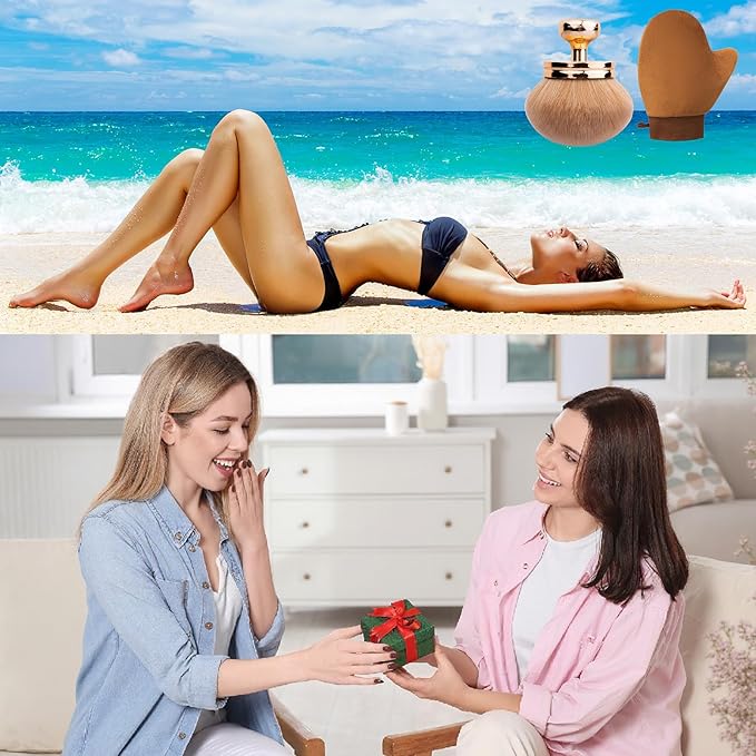 Self Tanning Brushes- Blend & Blur Extra Large Body Makeup Brush & Tanning Mitt, 2 Pcs, Kabuki Body Brush Applicator for Tan, Foundation, Self Tanner Glove for Application, Mousse, Lotion (Rose Gold)-GlimoraGlow