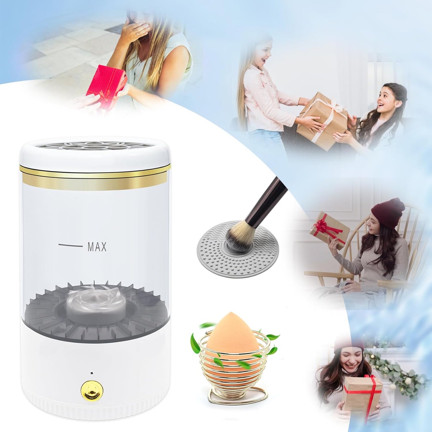 Makeup Brush Cleaner,Low noise and 8000 RPM Electric Makeup Brush Cleaner Machine for Deep Cleaning,Automatic Spinning Cosmetic Brush Cleaner for All Size Makeup Brushes and Sponges(White)-GlimoraGlow