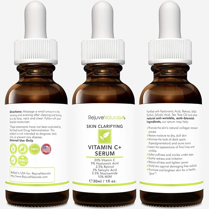 Vitamin C Serum Plus 5% Hyaluronic Acid, 2.5% Retinol, 2% Salicylic Acid, 3.5% Niacinamide, 10% MSM, 20% Vitamin C - Anti Aging Anti Wrinkle Skin Clearing Serum Organic Skin Care for Face and Eyes 1oz-GlimoraGlow