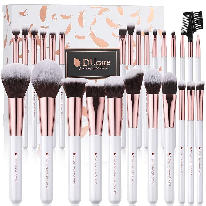 DUcare Makeup Brushes Set Professional 27Pcs Makeup Brushes Premium Synthetic Kabuki Foundation Blending Face Powder Blush Concealers Eye Shadows Make Up Brushes Kit White-GlimoraGlow