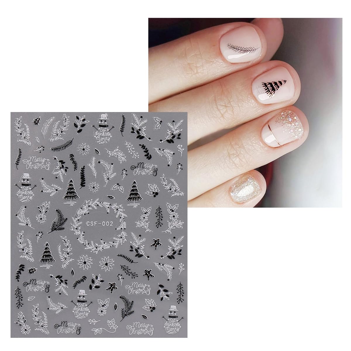 JMEOWIO 9 Sheets Christmas Glitter Nail Art Stickers Decals Self-Adhesive White Black Nail Supplies Nail Art Design Decoration Accessories-GlimoraGlow