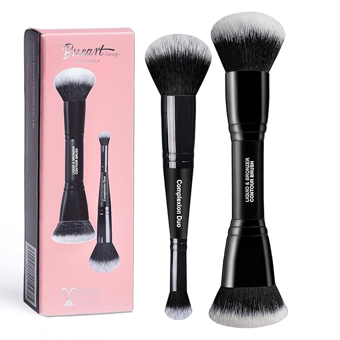 Bueart Design Complexion Duo Brush and Liquid & Bronzer Contour Makeup brushes set with ultra-soft dense hair Double-ended for Foundation Liquid Cream Concealer,Vegan and Cruelty-Free,M18-GlimoraGlow