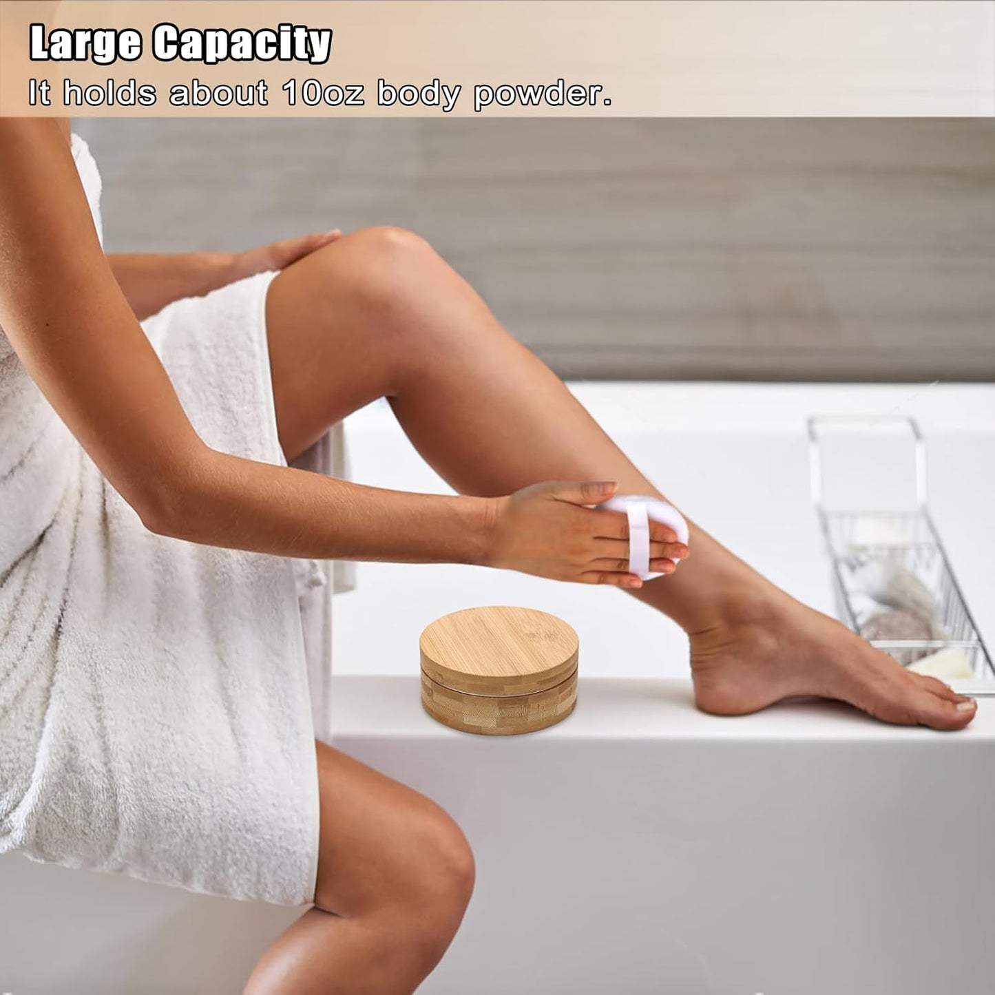 ELLDOO Body Powder Puff and Container, 10oz Empty Bamboo Case with Aluminum Inner Jar, Travel Loose Dusting Powder Storage Box with 2pcs Powder Puffs for Baby Women-GlimoraGlow