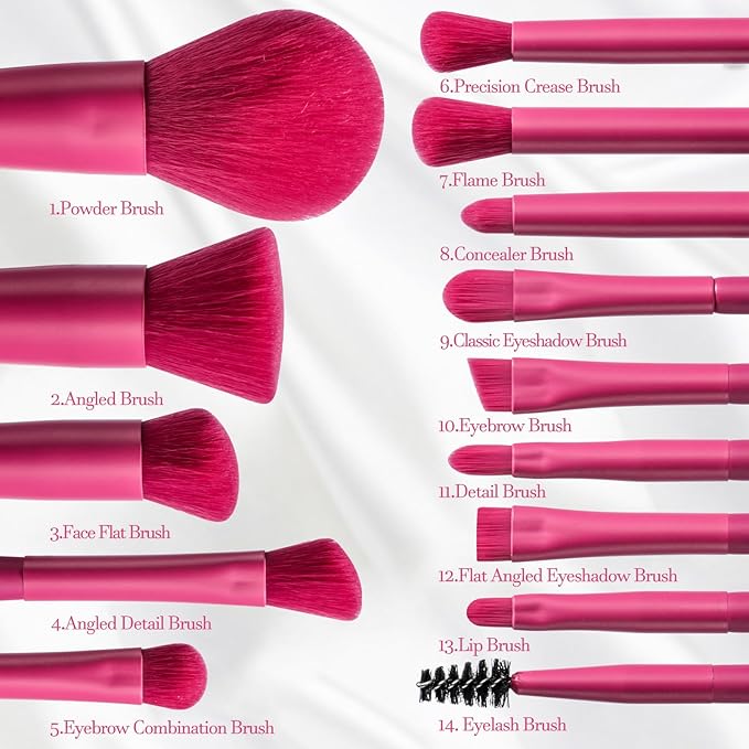 BS-MALL Travel Makeup Brush Set Foundation Powder Concealers Eye Shadows Makeup Set with LED light Mirror 14 Pcs (HotPink)-GlimoraGlow