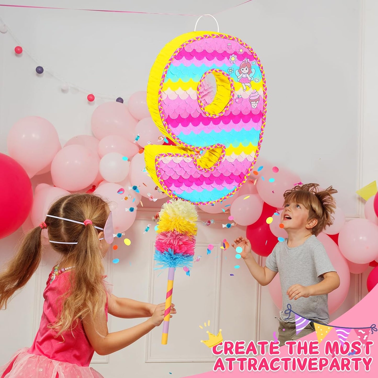 Number 9 Pinata for Birthday Party Decorations, Unicorn Mermaid Theme Pink Piñata Games Toy (9th)