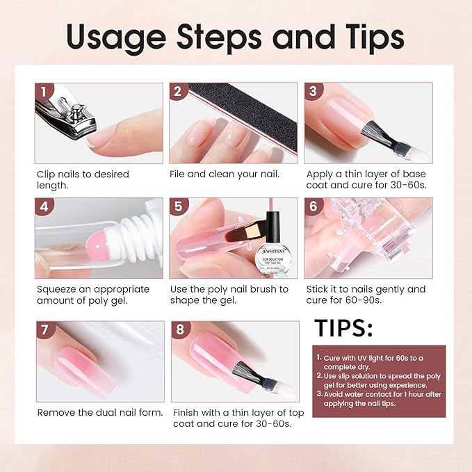 JEWHITENY Poly Extension Gel Nail Set Clear Pink Poly Nail Gel With Slip Solution Base Coat Top Coat French Manicure Need U V Lamp Curing for Finger Art and Home DIY-GlimoraGlow