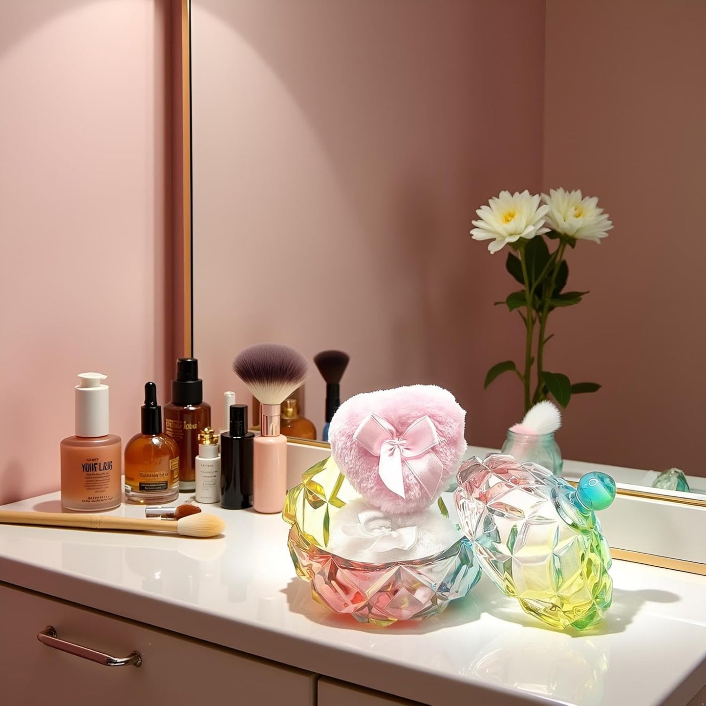 Body Powder Puff and Container - Glass Dusting Powder Container with 2 Soft Puffs Vintage Powder Puff Case for Women & Girls (3.94x3.94x4.53 H in) - GRB012-Multi-GlimoraGlow