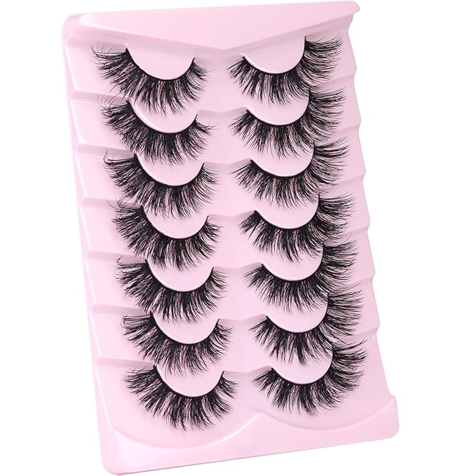 Mink Lashes False Eyelashes Natural Look Wispy Cat Eye Flat Lashes 3D Mink Lashes Natural Fake Lashes 18mm Strip Lashes Pack 7 Pairs-GlimoraGlow