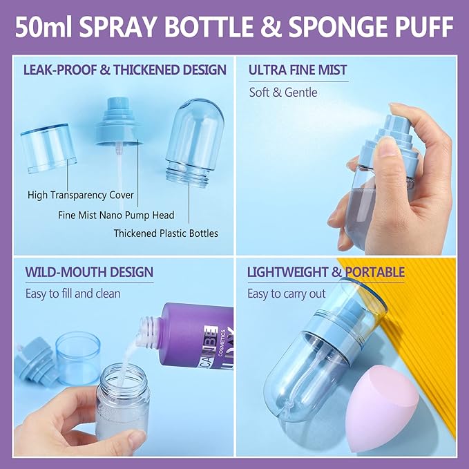 Long Lasting Makeup Setting Spray Kit- 6.76 Fl oz Hydrating Matte Finish Mist Lightweight Face Make up Fixer +Travel Size Spray Bottle+Sponge Puff Makeup Set-GlimoraGlow