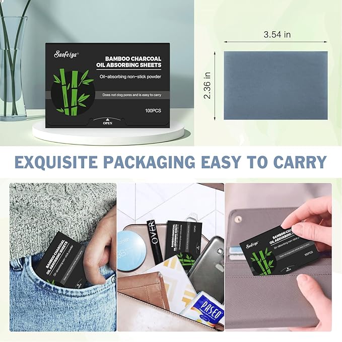 Natural Bamboo Charcoal Oil Absorbing Tissues - 4pk/400 Oil Blotting Sheets For Face, Oil Control Film, Oil Absorbing Sheets, Makeup Friendly-GlimoraGlow