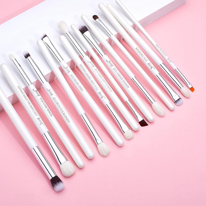 Jessup Small Eye Makeup Brush Set Professional 15pcs White/Silver Premium Natural-synthetic Eye Shadow Blending Concealer Eye & Brow Liner Brushes, T237-GlimoraGlow