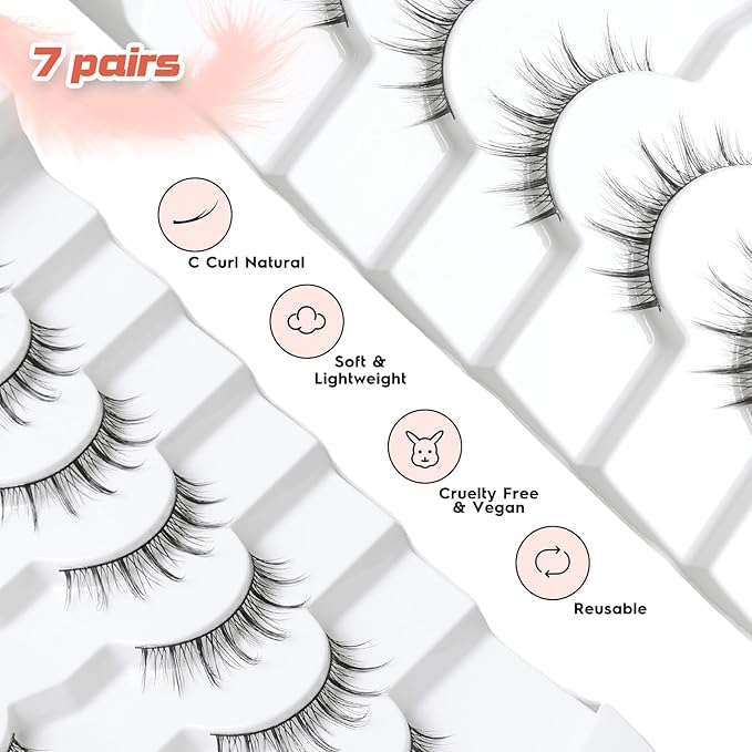 Manga Lashes Natural False Eyelashes 10MM Short Anime Lashes Thin Band Korean Lashes 3D Volume Strip Lashes Wispy Manhua Eyelashes 7 Pair Asian Lashes Siligli-GlimoraGlow