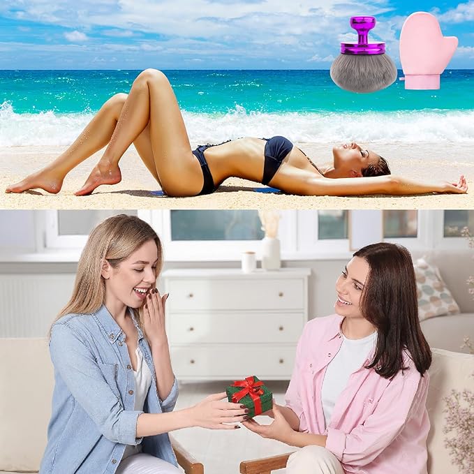 Self Tanner Brushes- Extra Large Body Kabuki Brush & Tanning Mitt, 2 Pcs, Big Body Makeup Brush for Legs, Face, Soft Self Tanning Glove Applicator for Fake Tan, Foundation, Lotion, Makeup (Purple)-GlimoraGlow