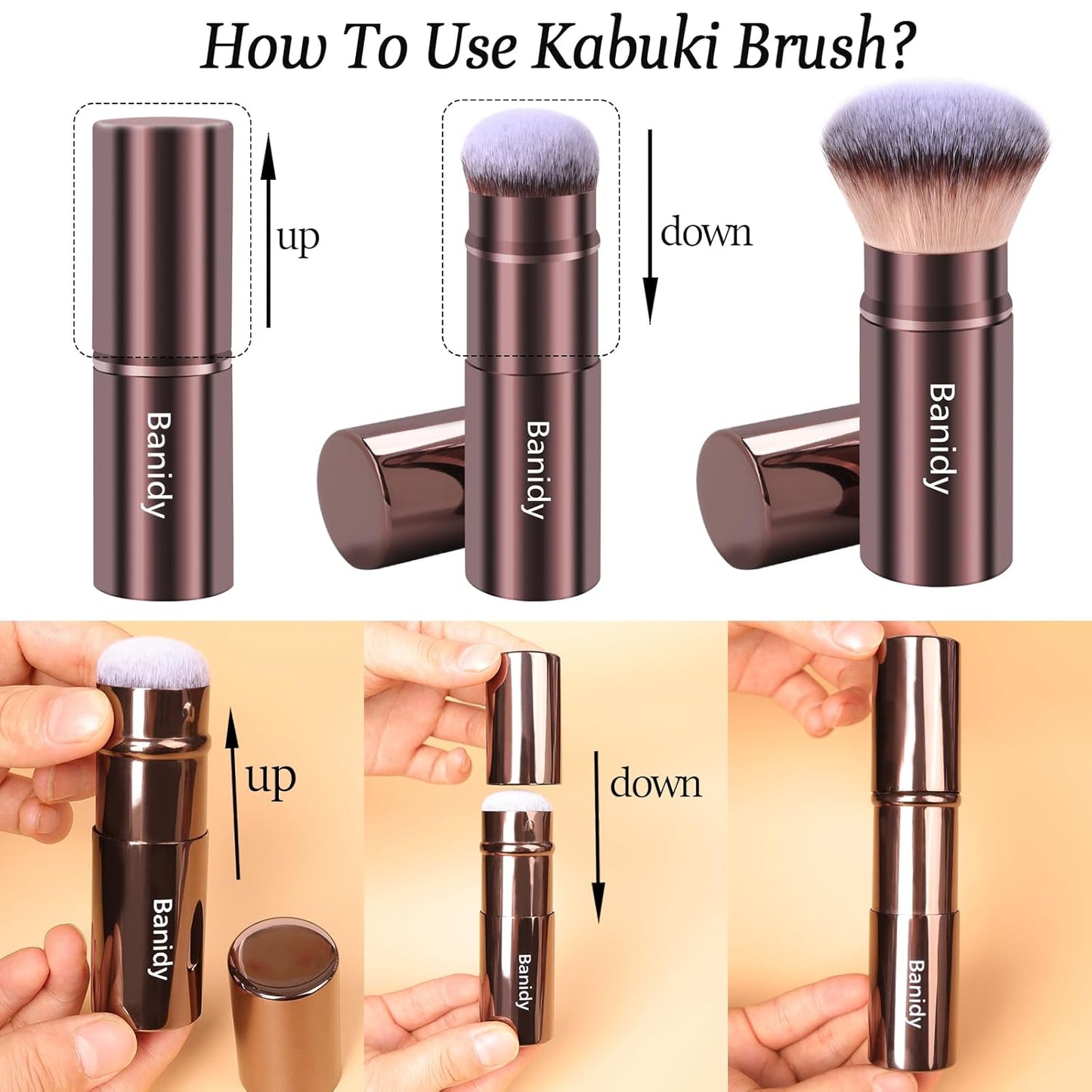 Makeup Brush Kabuki Face Brushes Retractable Travel Blush Brush Portable Flawless for Foundation, Powder Blush, Bronzer, Buffing, Liquid, Cream, Cruelty Free with Cover(Round-Head)-GlimoraGlow