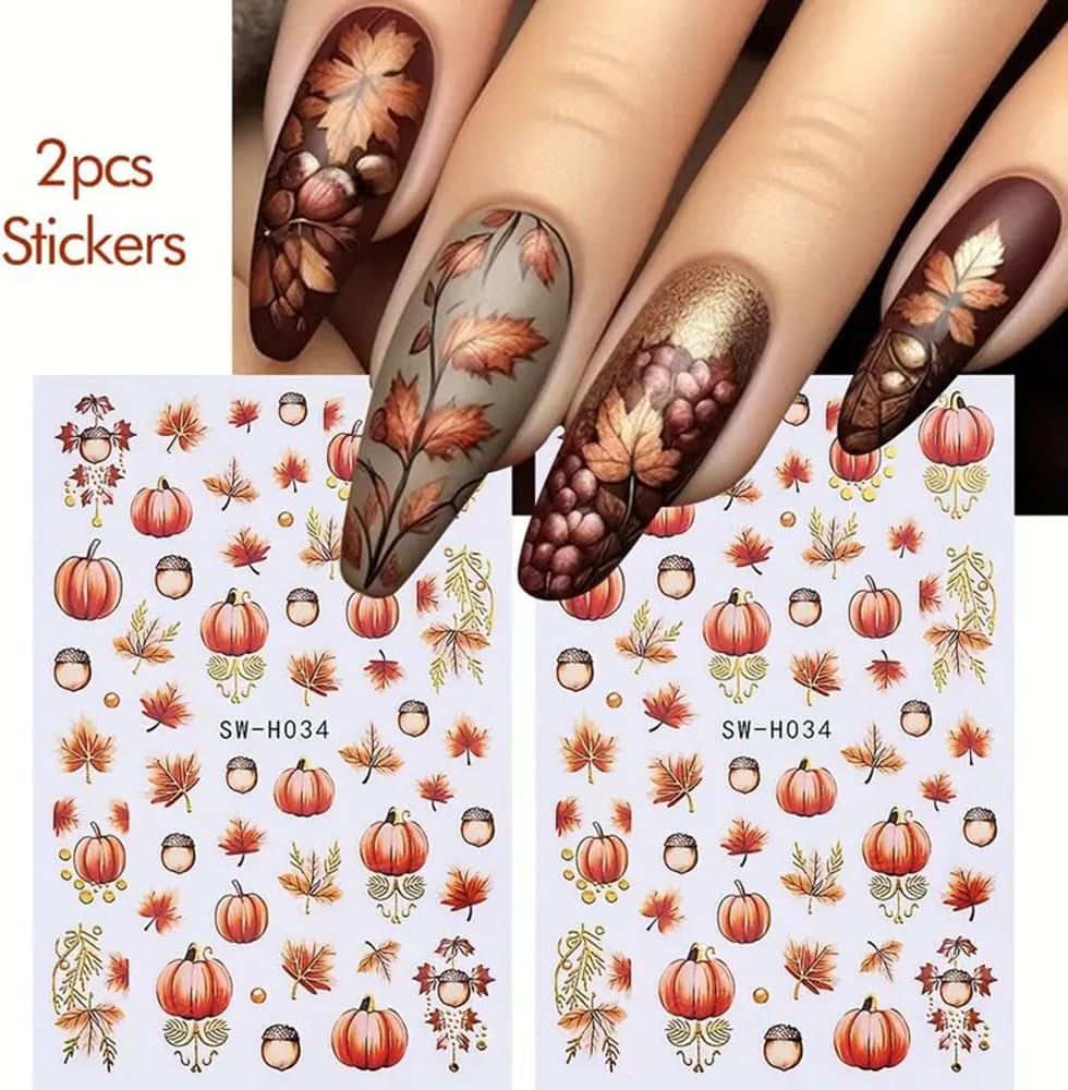 2 Sheets Fall Nail Stickers Autumn Maple Leaf Nail Art Stickers 3D Self Adhesive Maple Leaves Nails Decals for Nails Art Thanksgiving Day Nail Decoration Pumpkin Cute Manicure Supplies for Women-GlimoraGlow