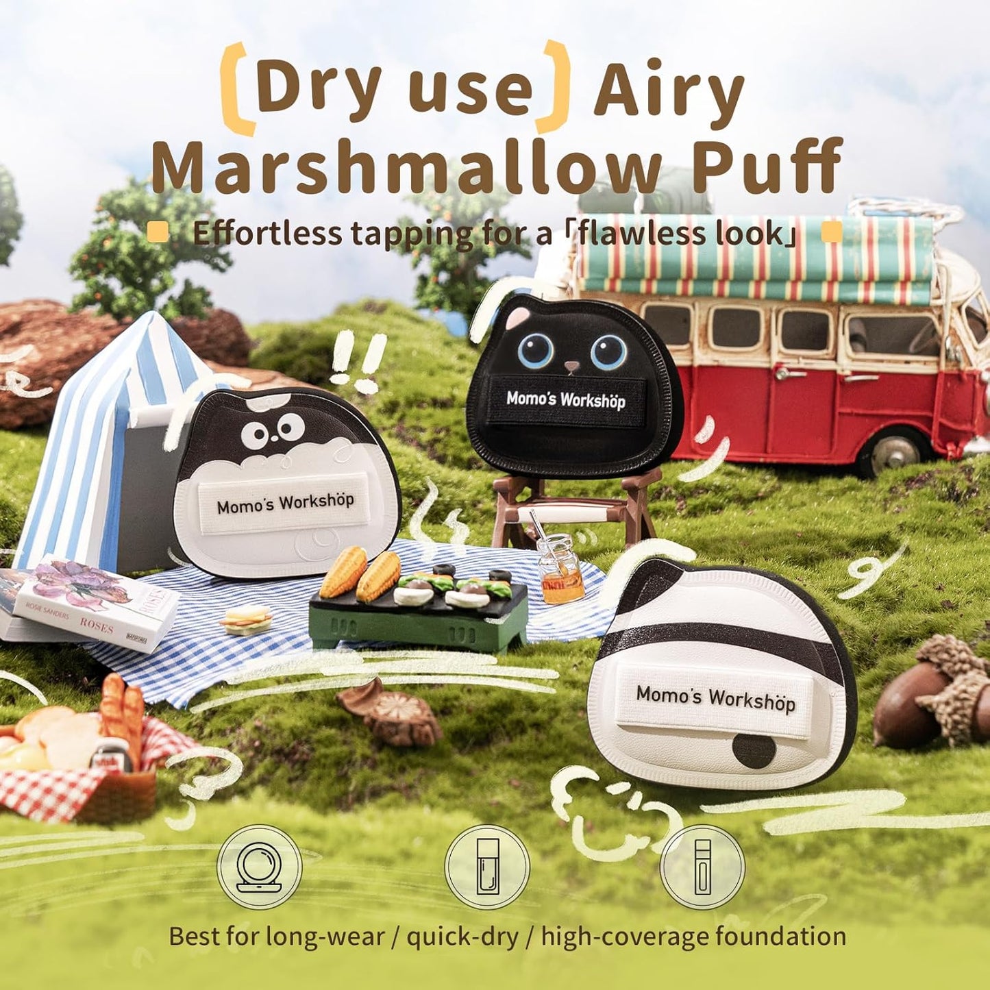 Black Cat Toto Airy Marshmallow Puff,Makeup Sponge,Rubycell Material,Pointed Tip for Concealer + Flat Side for Foundation, Longwear Makeup, Travel Friendly & Reusable,2pcs Puffs & Storage Case-GlimoraGlow