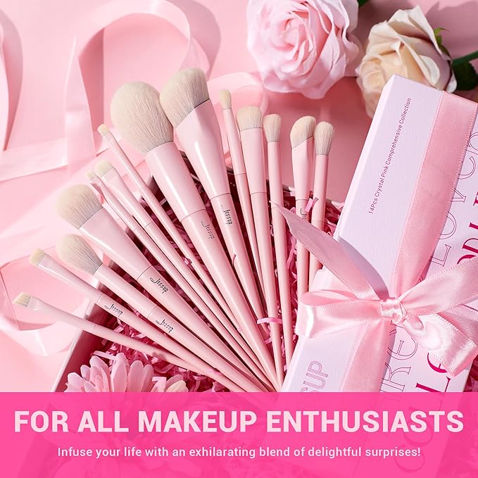 Jessup Pink Makeup Brushes Set 14Pcs Make up Brushes Premium Vegan Foundation Concealer Blush Eyeshadow Eyeliner Powder Highlighter Blending Face Brush Set, T495-GlimoraGlow