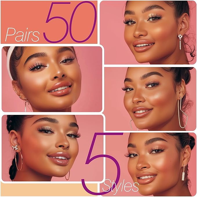 Eliace Eyelashes, (50 Pairs,5 Styles) Luxurious Faux Mink Lashes Natural Look Wispy Fluffy Handmade Cat Eye False Lash Pack, False Eyelashes Set, Fake Lashes Strips, Makeup Fake Eyelashes Pack-GlimoraGlow