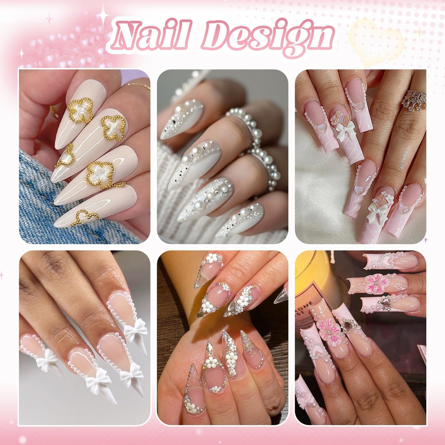 2 Boxes Flatback Pearls (White) and Metal Nail Beads (Silver+Gold) for Acrylic Nail Tips Manicure Decor-GlimoraGlow