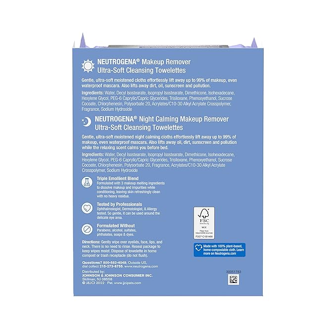 Neutrogena Day & Night Wipes, Makeup Remover Face Cleansing Towelettes & Night Calming Facial Cloths, 100% Plant Based Fibers Wipe Away Dirt, Alcohol-Free, 3 Packs of 25 ct, 75 ct-GlimoraGlow