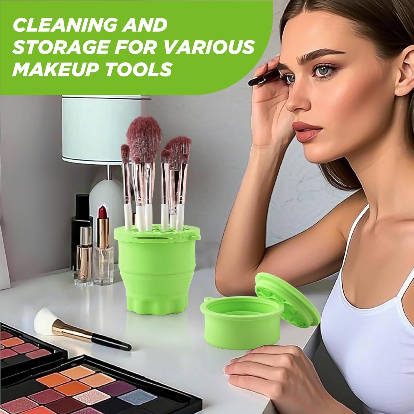 Makeup Brush Cleaner - Foldable Silicone Makeup Brush Cleaner Mat with Brush Storage Holder Makeup Brush Cleaning Bowl Cosmetic Brush Washing Tool for Cleaning Organizer and Drying (Green)-GlimoraGlow