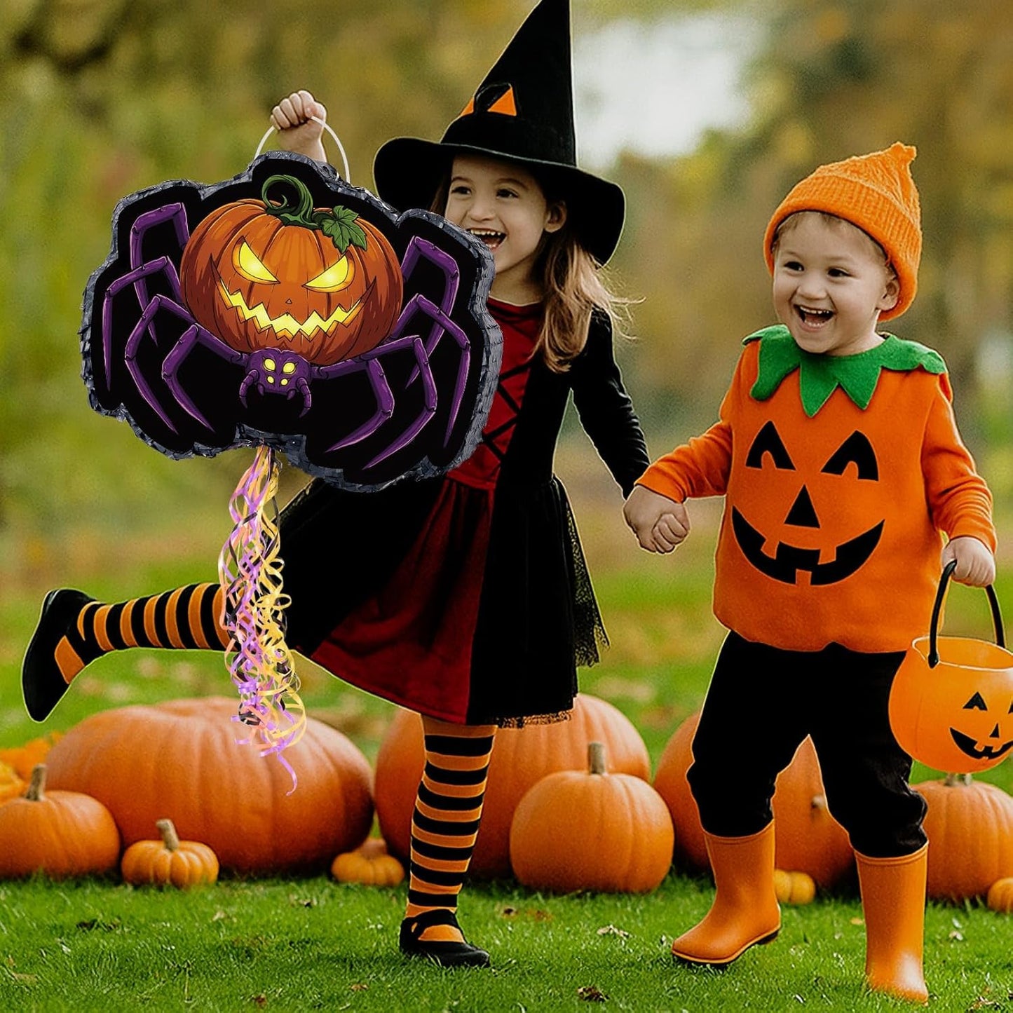 WERNNSAI Halloween Spider Piñata - Pumpkin Spider Pinata Halloween Theme Party Decorations for Kids Jack O Lantern Wicked Pumpkin Party Games with Bat Blindfold