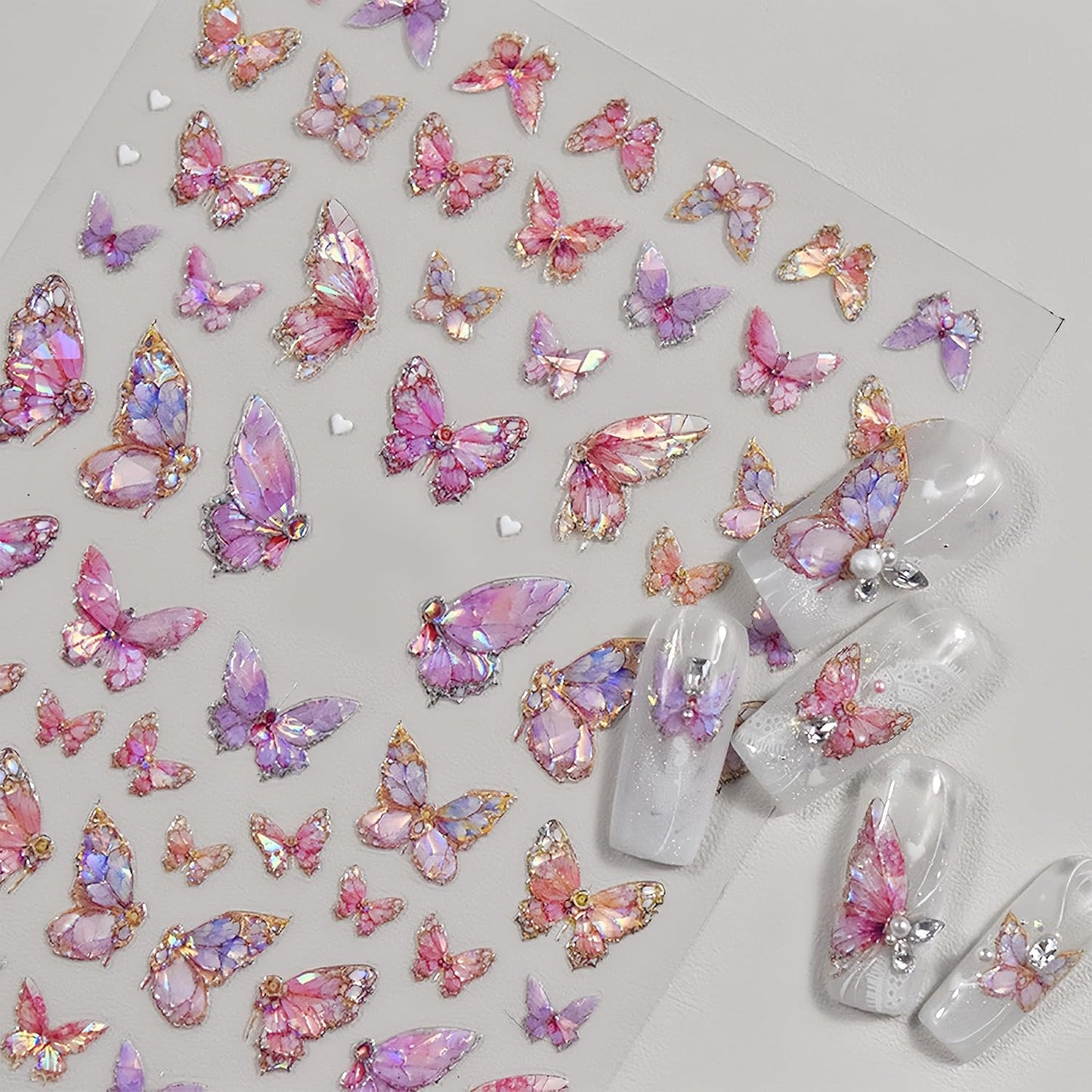 2 Sheets Butterfly Nail Art Stickers 5D Embossed Self-Adhesive Pink Aurora Sparkling Butterfly Nail Decals Designs for Women Girls DIY Nail Decoration-GlimoraGlow
