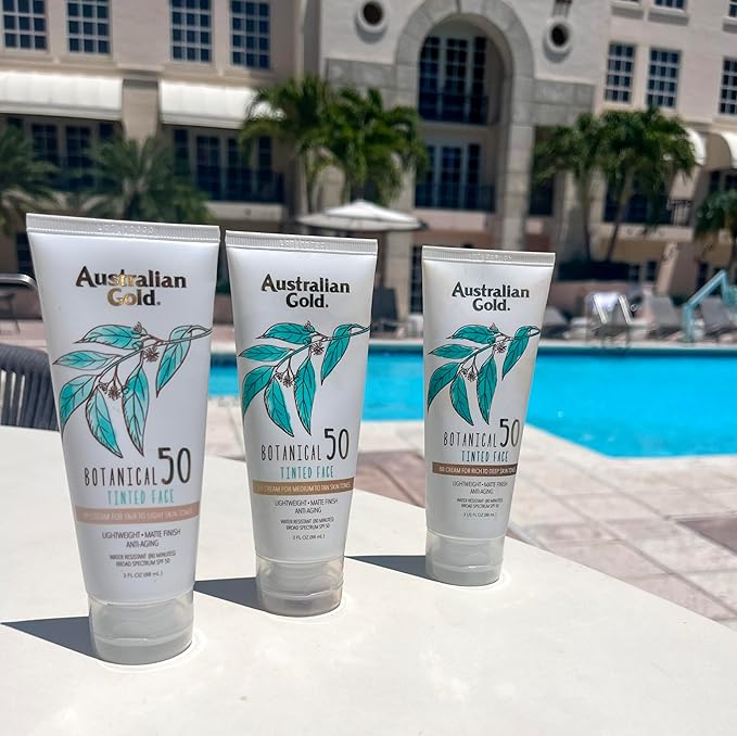Australian Gold Botanical SPF 50 Tinted Mineral Sunscreen for Face, Non-Chemical BB Cream, Water-Resistant, Matte Finish, For Sensitive Facial Skin, Medium to Tan Skin Tones, 3 FL Oz-GlimoraGlow