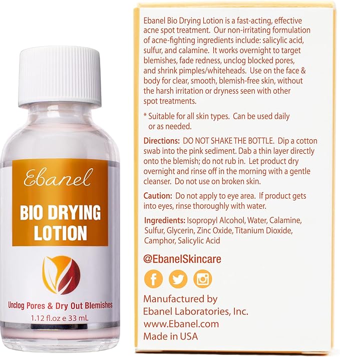 Ebanel Acne Spot Drying Lotion for Face & Body with Sulfur & Salicylic Acid, Targets Pimples & Zits, Helps Clear Pores and Reduce Surface Blemishes Overnight-GlimoraGlow