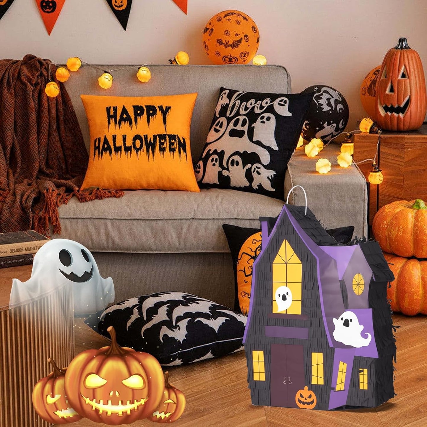 Halloween Haunted House Pinatas Bundle with a Blindfold and Bat (16x12.5x4 Inches), Ghost Castle Pinata, Party Games and Decoration