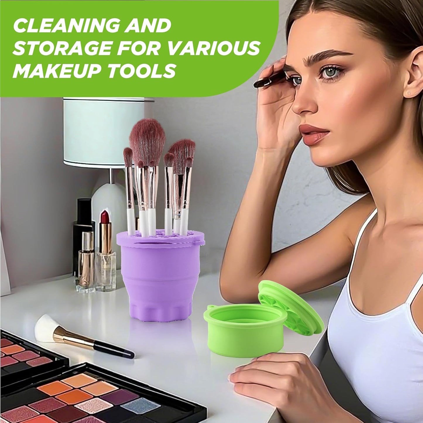 Makeup Brush Cleaner - Foldable Silicone Makeup Brush Cleaner Mat with Brush Storage Holder Makeup Brush Cleaning Bowl Cosmetic Brush Washing Tool for Cleaning Organizer and Drying (Purple and Green)-GlimoraGlow