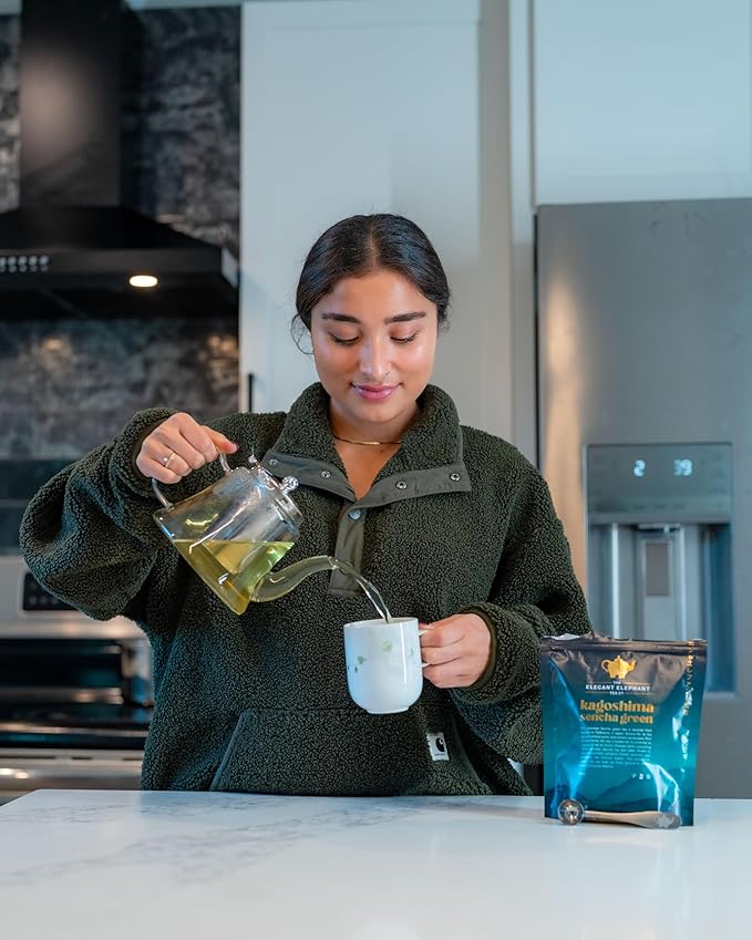 Japanese Sencha Green Tea, Organic Loose Leaf Sencha Tea – Antioxidant & Detox Support – Refreshing Hot or Iced Green Tea – 8 oz Resealable Bag (Makes 100 Cups) – The Elegant Elephant-GlimoraGlow