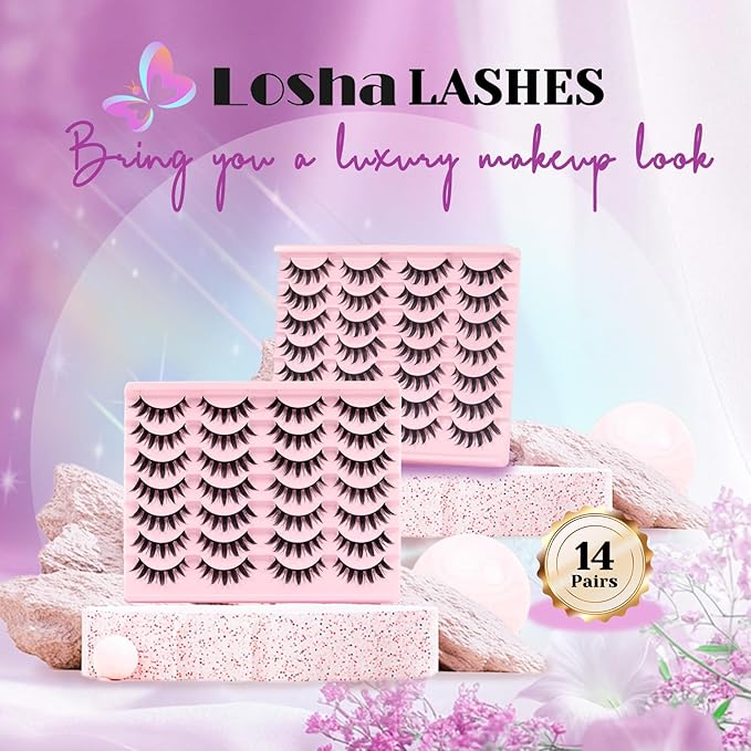 Losha Lashes Spiky Manga Lashes 14 Pairs Anime False Eyelashes 8D Wispy Asian Eye Lashes Pack Natural Soft Fake Eyelashes (Cutes Only)-GlimoraGlow