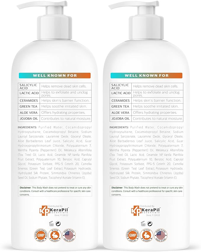 Salicylic Acid Body Wash - Skin Non-drying, Gentle Exfoliates Rough and Bumpy Skin, Body Acne Wash, BHA & AHA - Unscented Exfoliating Body Wash, Made in USA - (16 fl oz x 2)-GlimoraGlow