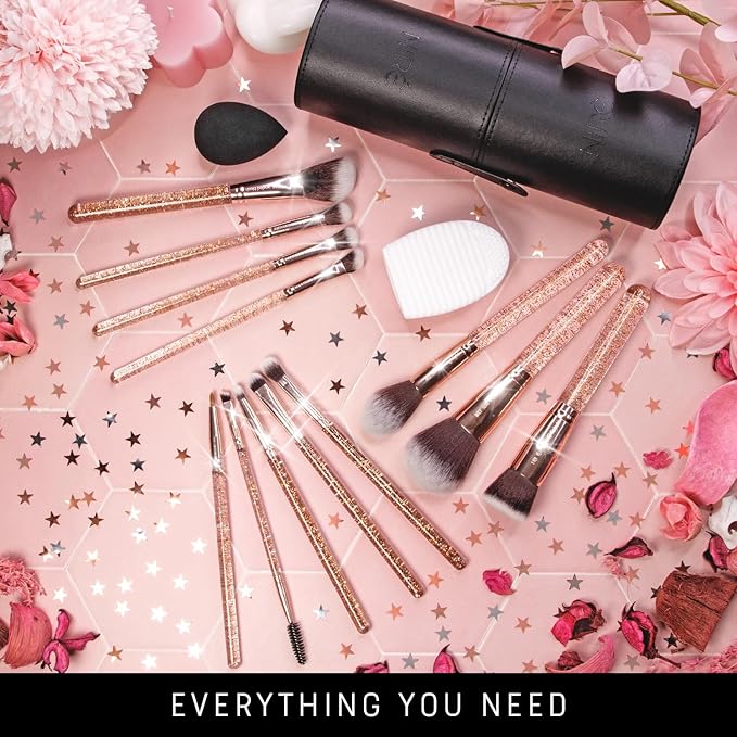 Niré Beauty 15piece Award Winning Glitter Makeup Brushes: Cute Makeup Brushes Set with Case, Beauty Blender, Cleaner, Guide, Gift Box-GlimoraGlow