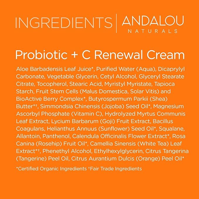 Andalou Naturals Probiotic + C Renewal Cream, Probiotic Plus C, Complexion Enhancing Face Moisturizer, Helps Promote Firmer Skin & More Even Skin Tone, Lightweight Hydrating Facial Moisturizer, 1.7 Oz-GlimoraGlow