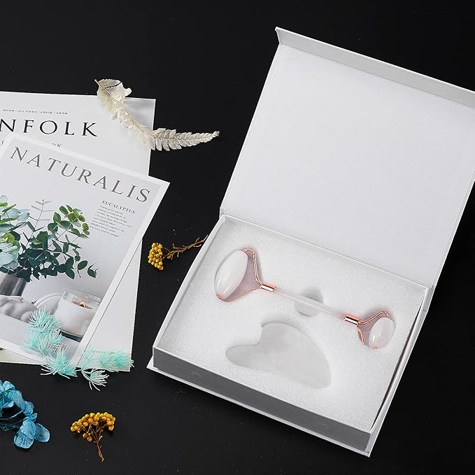 Jade Roller for Face, Facial Roller Massager Skin Care Tool, Gua Sha Facial Tools for Face, Neck, Eyes, Reduce Puffiness of The Skin - White-GlimoraGlow