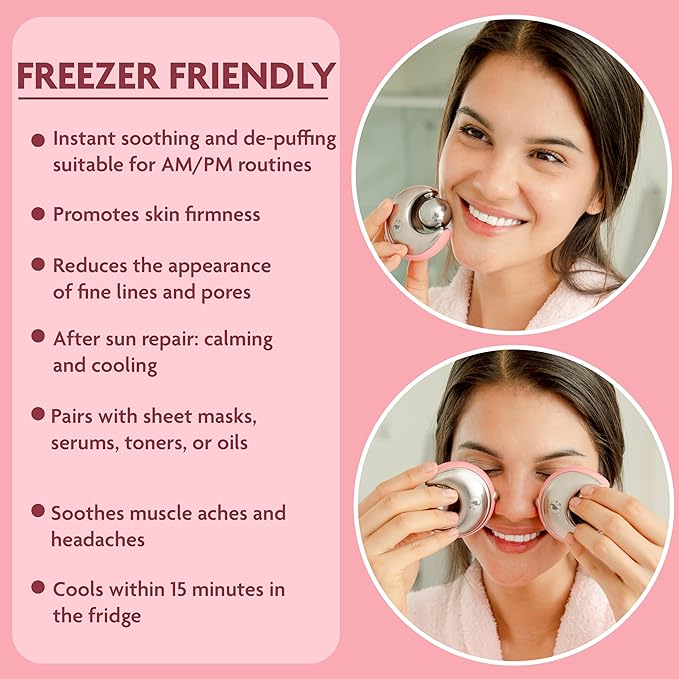 Cryo-Infused Ice Roller for Face Women Pack of 2 - Ergonomic Facial Ice Roller for Eyes, Cheeks, Nose, Mouth, Neck - Travel Freezer Face Depuffer Massager - Skincare Beauty Ice Globes for Face-GlimoraGlow