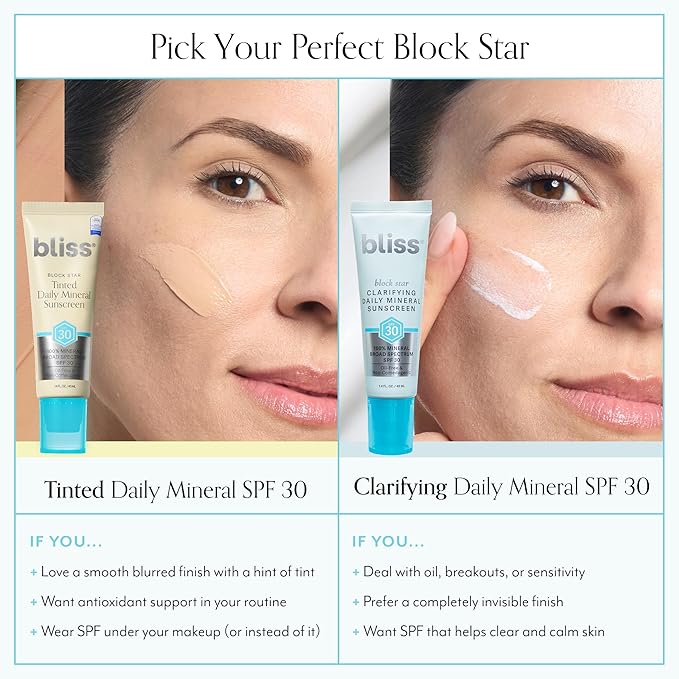 Bliss Block Star SPF 30 Daily Tinted Mineral Sunscreen with Zinc Oxide - All Skin Tones - 100% Mineral Broad Spectrum Sunscreen with Titanium Dioxide & Antioxidant Blend- 1.4 fl oz.-GlimoraGlow