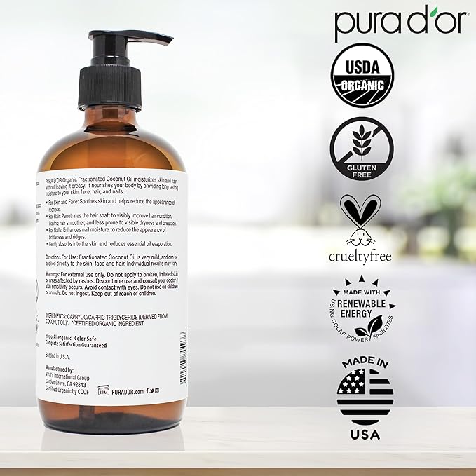PURA D'OR 16.9 Oz ORGANIC Fractionated Coconut Oil MCT Oil (GLASS BOTTLE) 100% Pure & Natural USDA Certified Cold Pressed - Unscented, Hexane Free Moisturizer For Face, Skin & Hair Tonic - Men & Women-GlimoraGlow