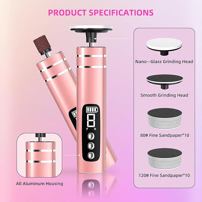 2 in 1 Electric Foot Callus Remover,9 Adjustable Speeds Rechargeable Electric Dead Skin Sander Pedicure Tools with Sandpaper Disk and Nail Drill Bits,Grinding Heads for Women&Men-GlimoraGlow