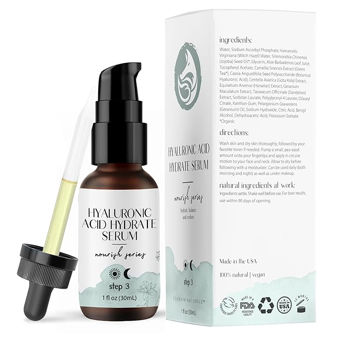 Hyaluronic Acid Face Serum - Hydrating Anti Wrinkle Anti Aging Facial Serum - With Vitamin C and E, Green Tea, Jojoba Oil - Natural and Organic - 1 Oz by Foxbrim Naturals-GlimoraGlow