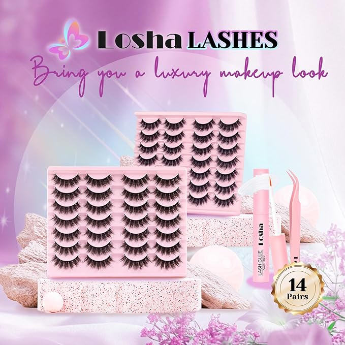 Losha Lashes Fluffy False Eyelashes 5D Volume Eye Lashes Kit with Lash Glue and Lash Tweezers 14 Pairs Vegan Fake Eyelashes Soft Faux Mink Lashes Pack (Thrives)-GlimoraGlow