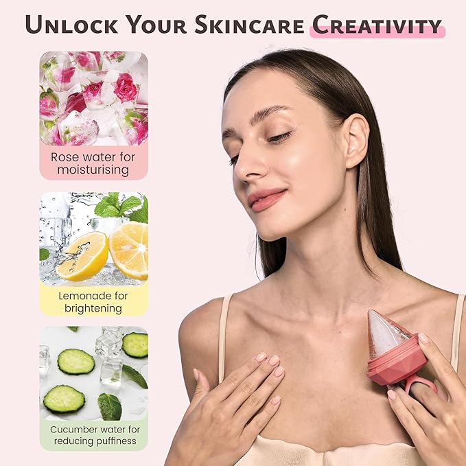 Rena Chris Ice Roller for Face: Diamond Ice Facial Roller, Reach Detailed Areas, De-Puff Eye Bags, Reusable Silicone Massage Ice Mold with Face Wash Wristband, Skin Care Tools for Women(Pink)-GlimoraGlow